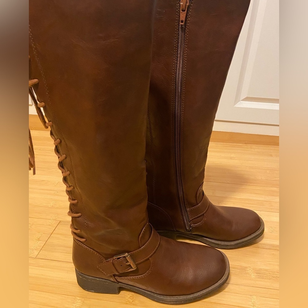 Brown Knee-High Equestrian Style Lace-Up Riding Boots Size 6 Vegan Leather - Picture 6 of 8